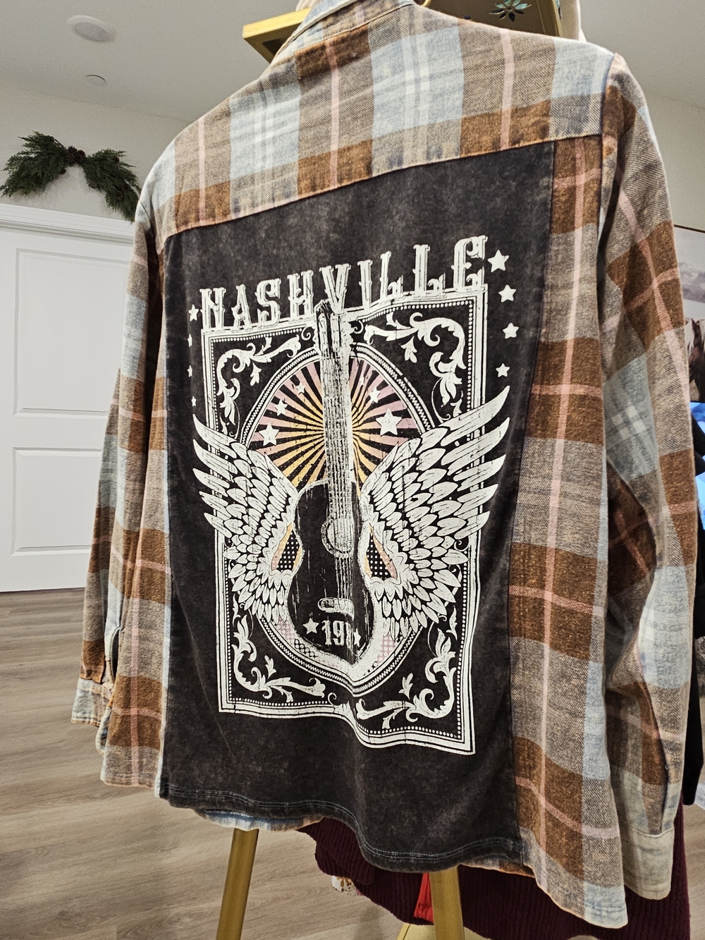 Nashville Winged Guitar Plaid Button-Up Shirt - Picture 1 of 2